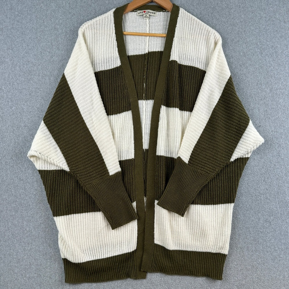 Love Change Cardigan Women's XL Olive White Striped Batwing Knit Sweater Casual